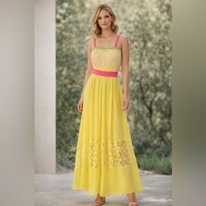 Flying Tomato Yellow Lace Maxi Dress Pink Belt Strappy Boho EUC Size M